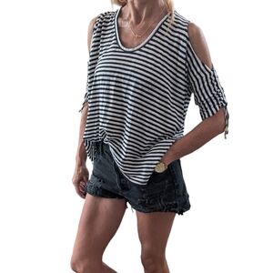 ALLSAINTS Harper LINEN COTTON Striped Cold Shoulder T-Shirt Ink Blue Size XS